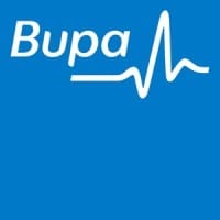 Bupa logo with heartbeat line on blue background.