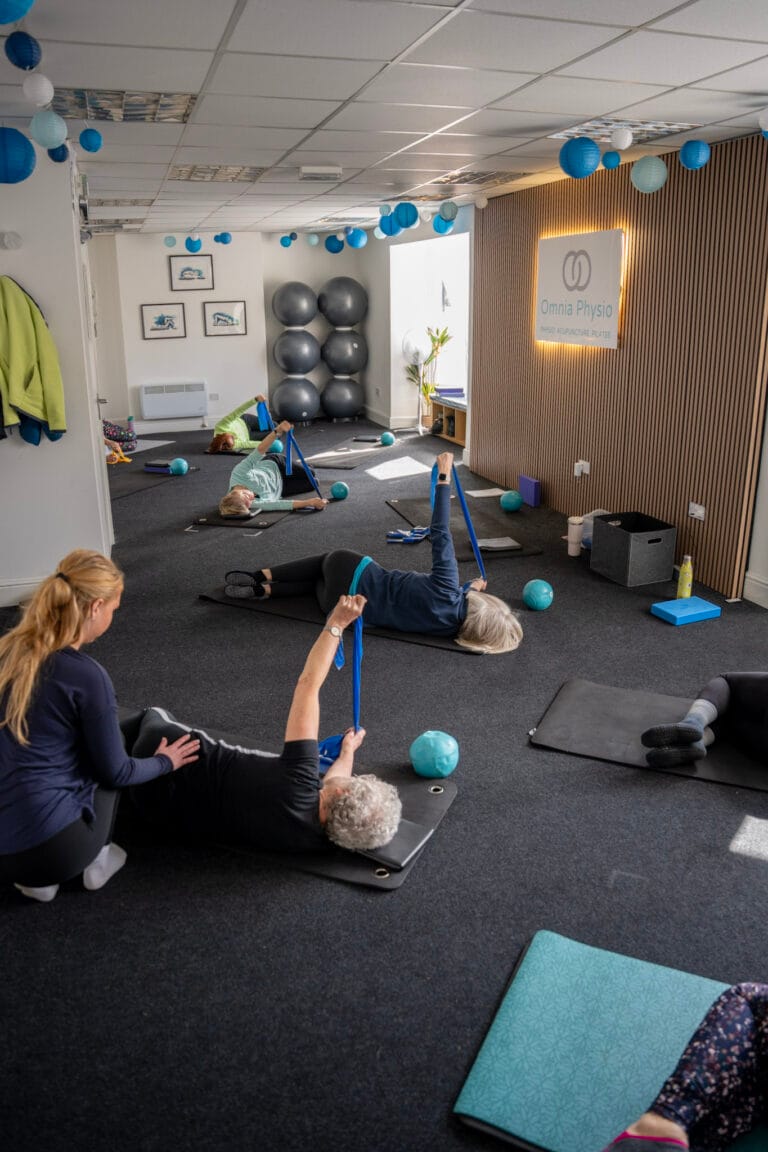 Physiotherapy class using resistance bands in clinic